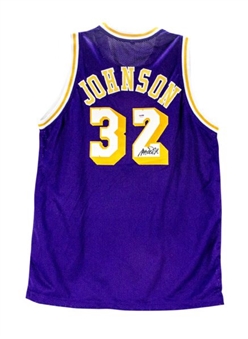 Lot of (13) Magic Johnson Signed Purple Los Angeles Lakers Jerseys